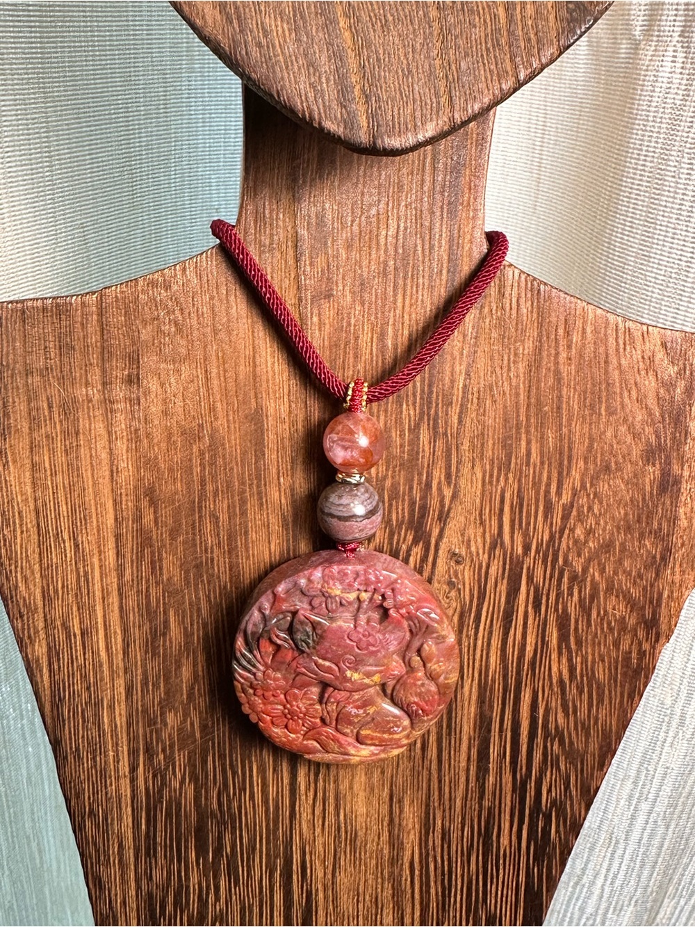 Maroon Ocean Jasper Fox Pendant Necklace with Amethyst on Adjustable Rope - Picture 1 of 13